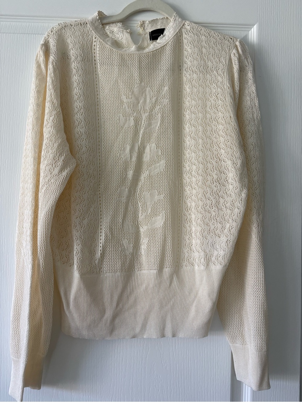 Lace-Panel Cream Crochet Sweater- Feminine Back Buttons